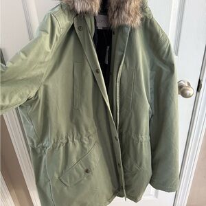 LOFT Sage Green Parka with Faux Fur Hood